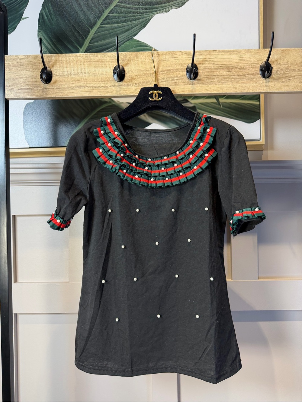 Black Pearl-Embellished Top with Green & Red Trim S - Picture 2 of 7
